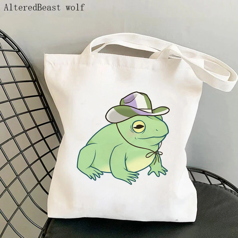 

Women Shopper bag Genderqueer Pride Cowboy Frog Bag Harajuku Shopping Canvas Shopper Bag girl handbag Tote Shoulder Lady Bag