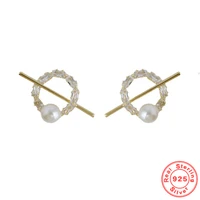 925 sterling silver plated 14k gold retro pearl circle stud earrings simple french style crystal fashion earrings jewelry female