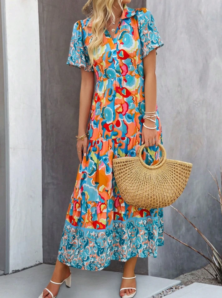 Женское платье макси с V-образным вырезом длинным рукавом 2024 и высокой талией