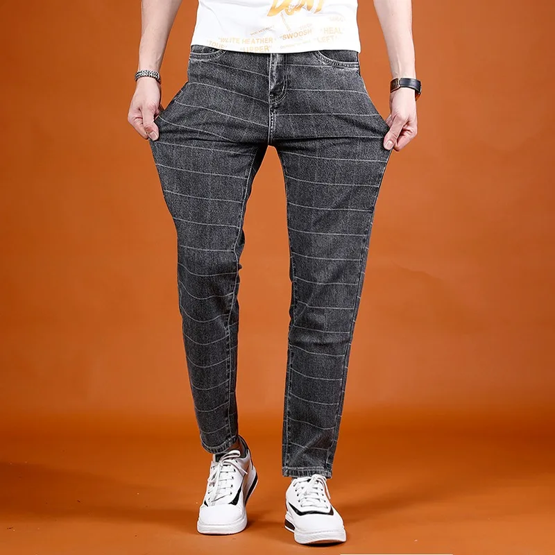 Summer Plaid Pants Men Jeans Fashion Casual Regular Straight Dark Gray Cotton Denim Trousers