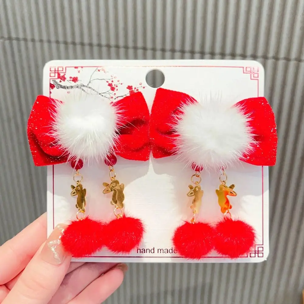 

Headdress Cute Pearl Rabbit Tassel Fake Braid Flower Bell Red Bangs Clip Girl Hair Clip Hair Accessory New Year Hairpin