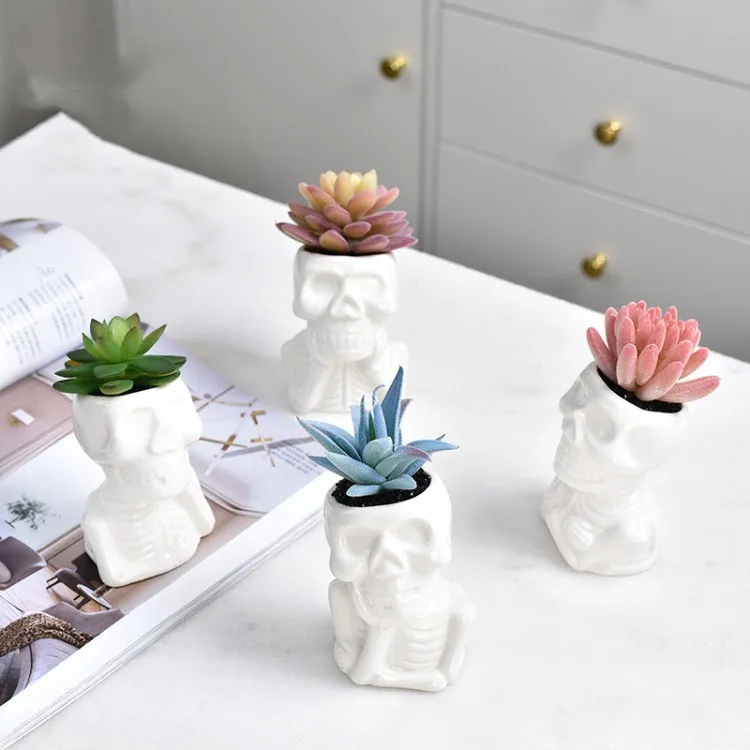 

Creative White Ceramic Flower Pot Cartoon Skull Character Succulent Flowerpot Porcelain Flower Arrangement Vase Home Decoration