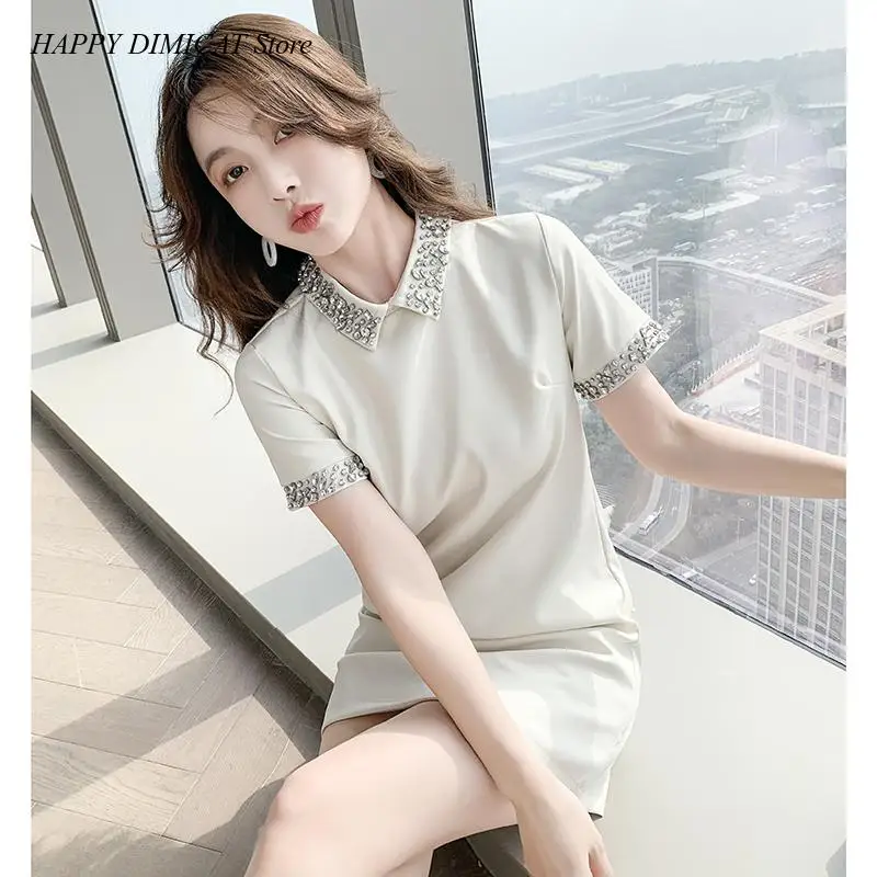 

Short Dress Chap Advanced Fabric Airy Gas Suer New Heavy Haer Bead Temperament Lapel Loose Cover Meat Contracted Joker