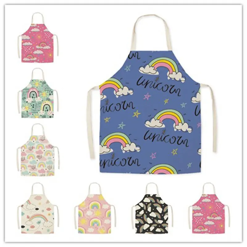 

Cartoon Cloud Rainbow Printing Apron Kitchen Cooking Pinafore Oil Proof Parent-Child Baking Sleeveless Household Waist Aprons