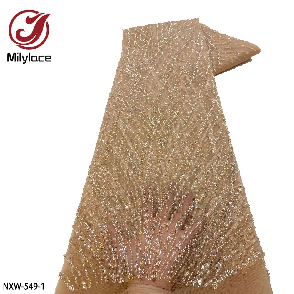 

Luxury Beaded African Lace Frabric High Quality French Lace Fabric Sequins Embroidered Net Lace for Wedding Dress NXW-549