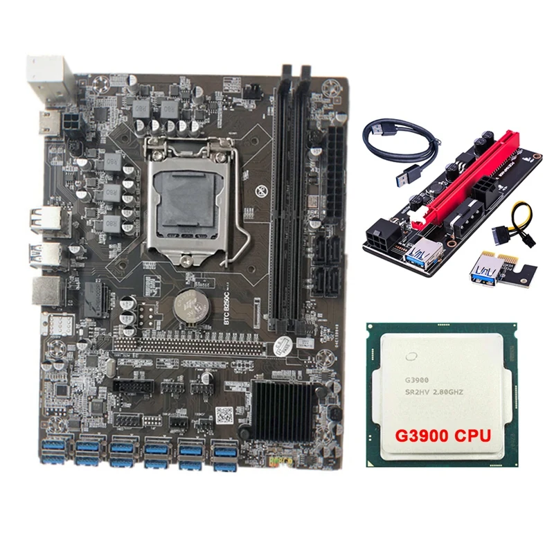 

HOT-B250C BTC Mining Motherboard+G3900 CPU+VER009S Riser 12XPCIE to USB3.0 GPU Slot LGA1151 Support DDR4 RAM Motherboard