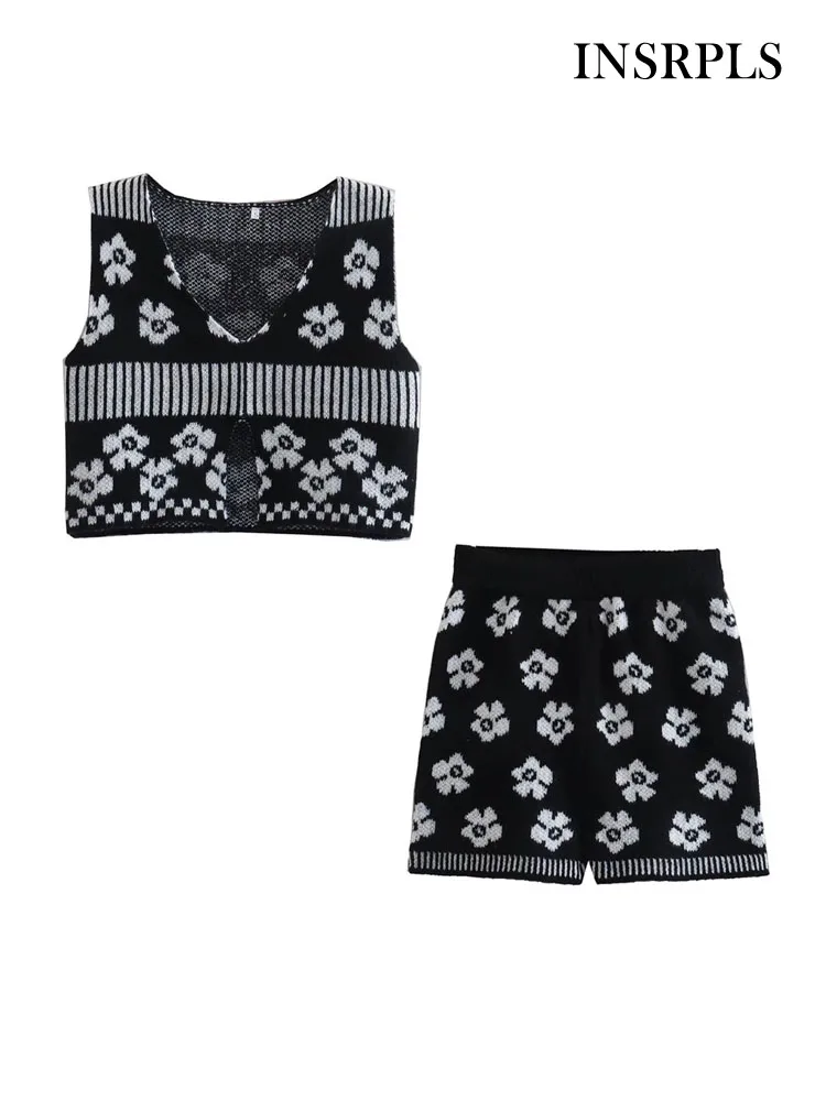 

INSRPLS Women Fashion Floral Jacquard Knit Tank Tops And High Elastic Waist Shorts Female Two Piece Sets Mujer