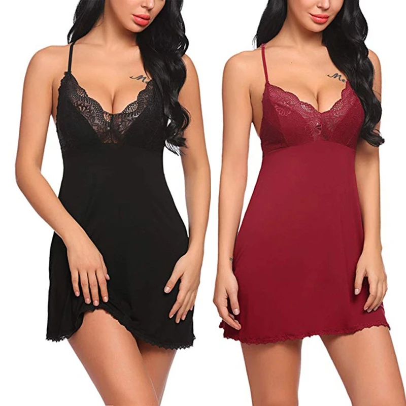 

Women Spaghetti Strap Halter Lingerie Mini Dress Sexy Deep V-Neck Sheer Lace Patchwork Babydoll Nightwear Hollow Out T8NB
