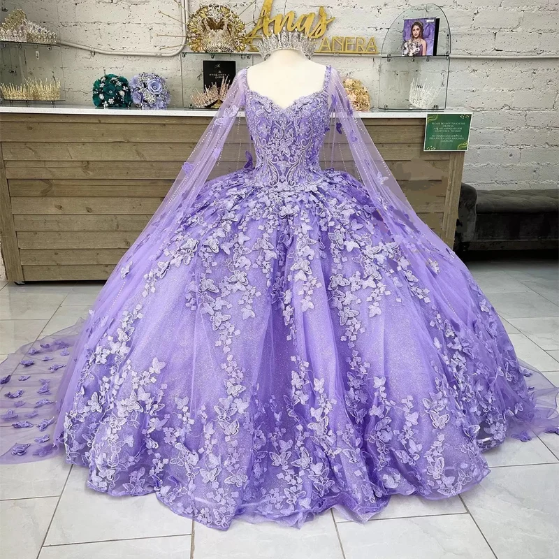 

ANGELSBRIDEP Lilac Lavender Mint Butterfly Quinceanera Dresses With Cape Lace Applique Sweet 16 Dress Mexican Prom Gowns 2023