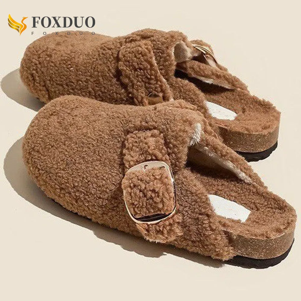 

Winter Women Mule Slippers Flcok Furry Slides Warm Faux Wool Slippers Flat Anti-slip Outdoor Fur Clogs Fuzzy Slippers Woman Shoe