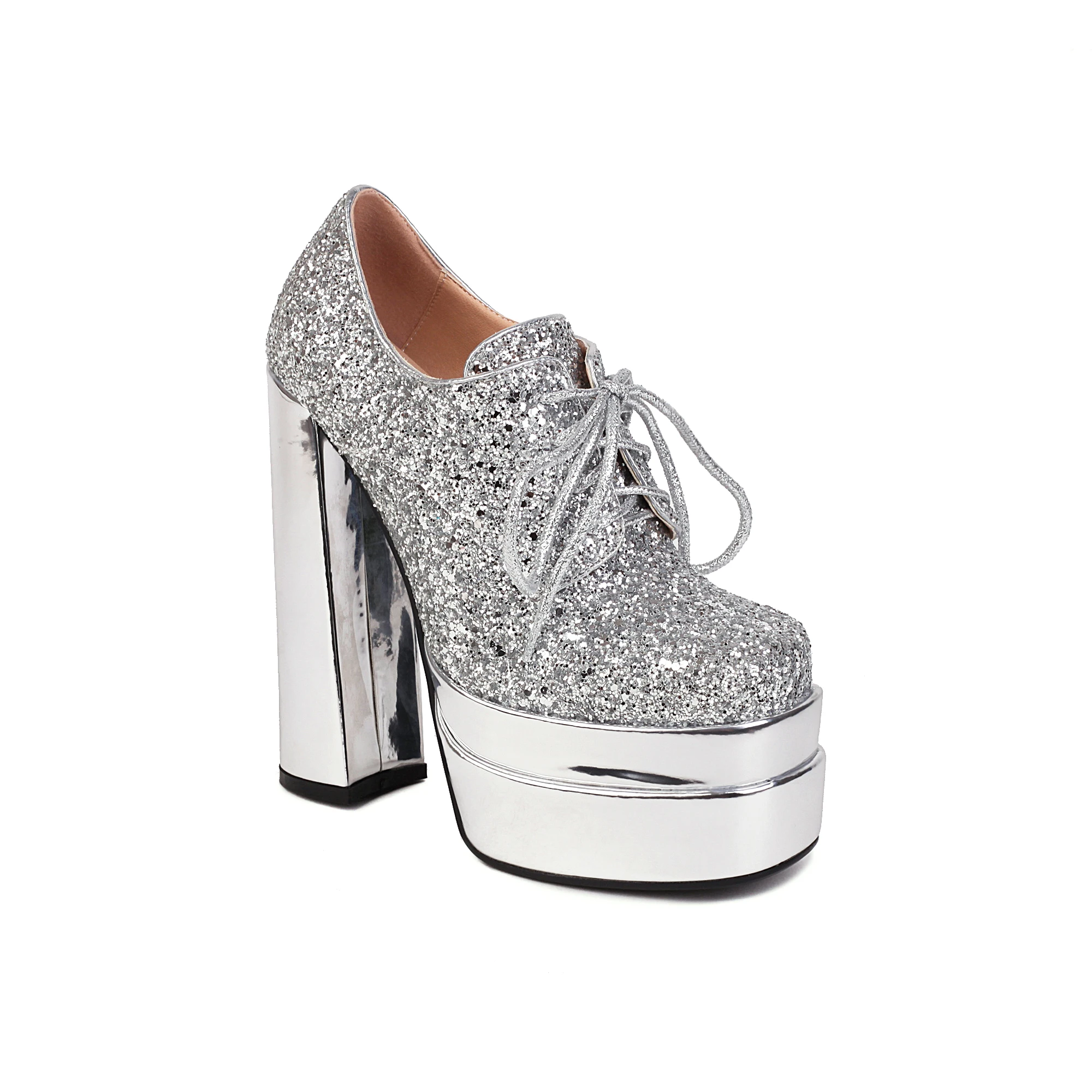 Женская Осенняя обувь блестящие туфли с глубоким открытым носком из блестящего