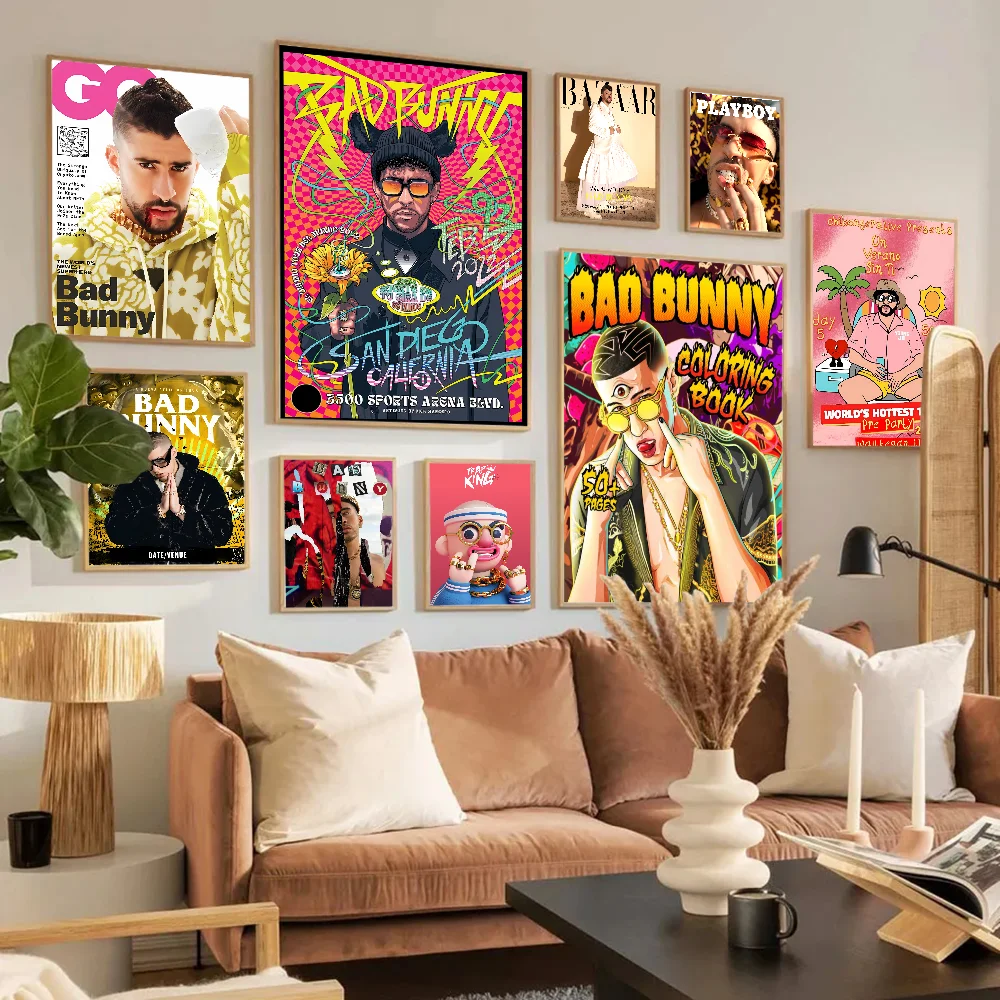 Pop Hip Hop Rapper B-Bad B-Bunny Whitepaper Poster Waterproof Paper Sticker Coffee House Bar Aesthetic Art Wall Painting