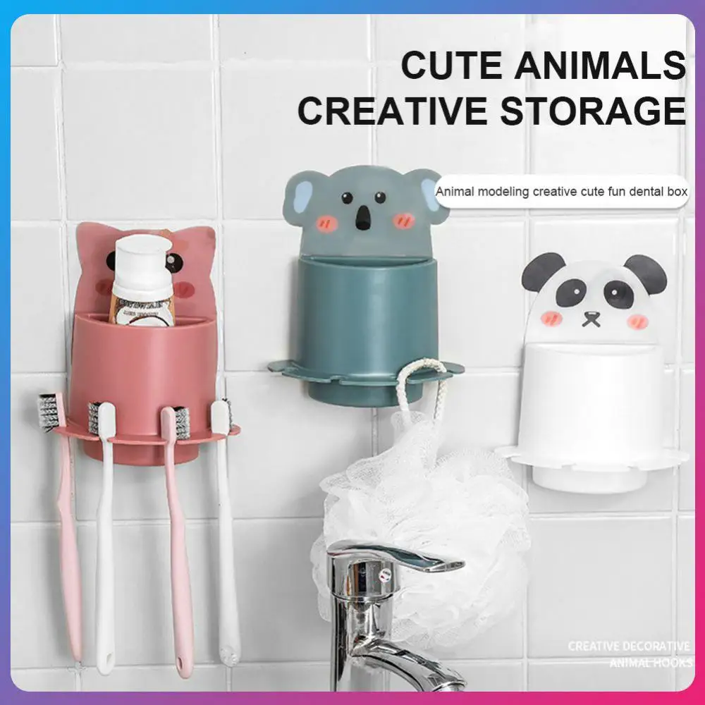 

Toothbrush Storage Cartoon Mouthwash Cup Storage Box Multi Function No Trace Wall-mounted Bathroom Toothbrush Punch-free Rack