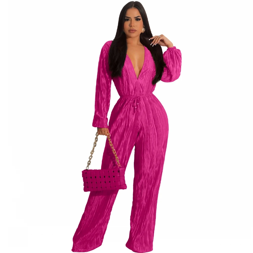 

Women Jumpsuits For Autumn Green Pleated Long Sleeve Bandage Loose Fashion Streetwear Overalls Wide Leg Pants Trousers 2023