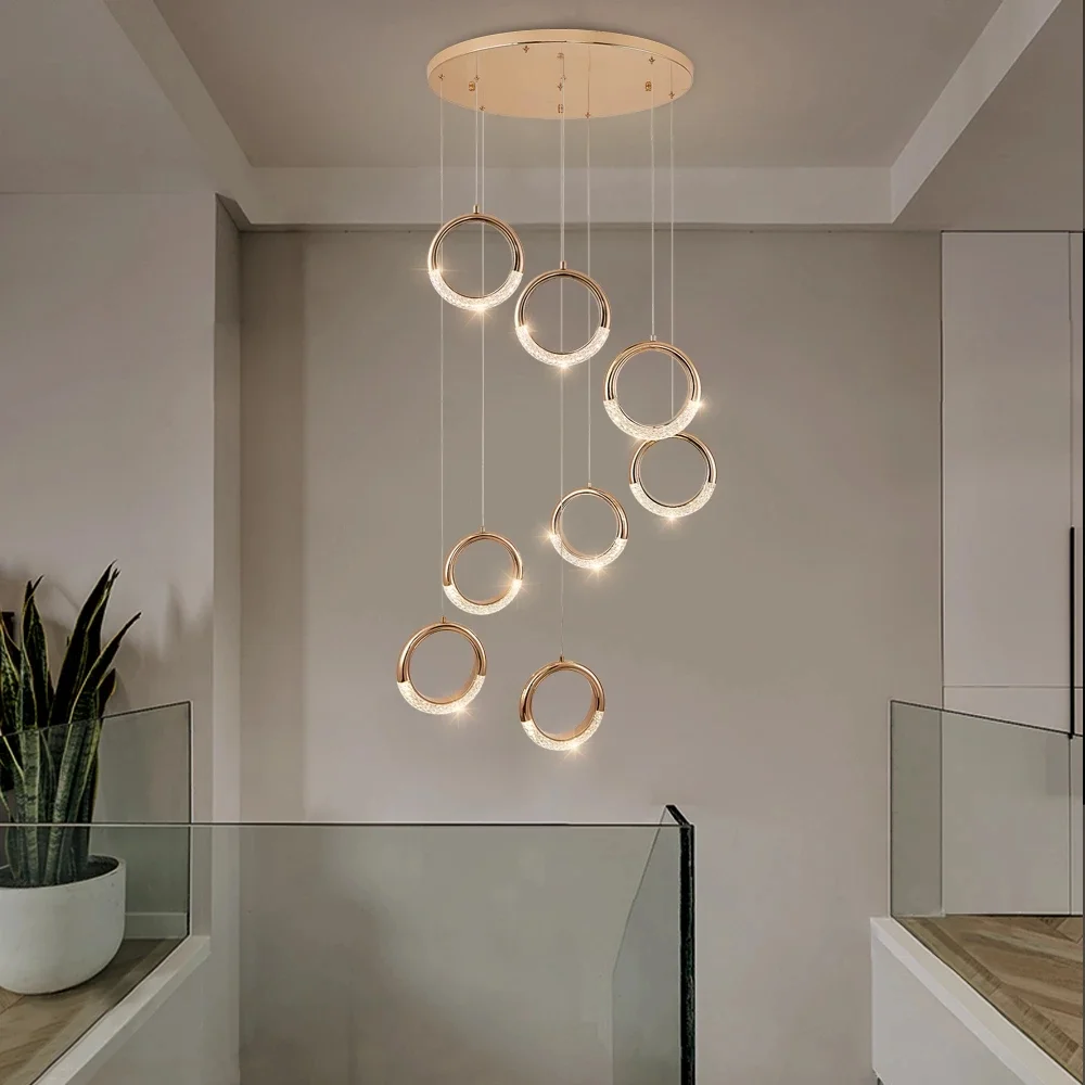 Luxury Ring Crystal Chandelier Gold Led Hanging Light For Staircase Living Room Modern Large Lustre Indoor Kitchen Lamp Fixture