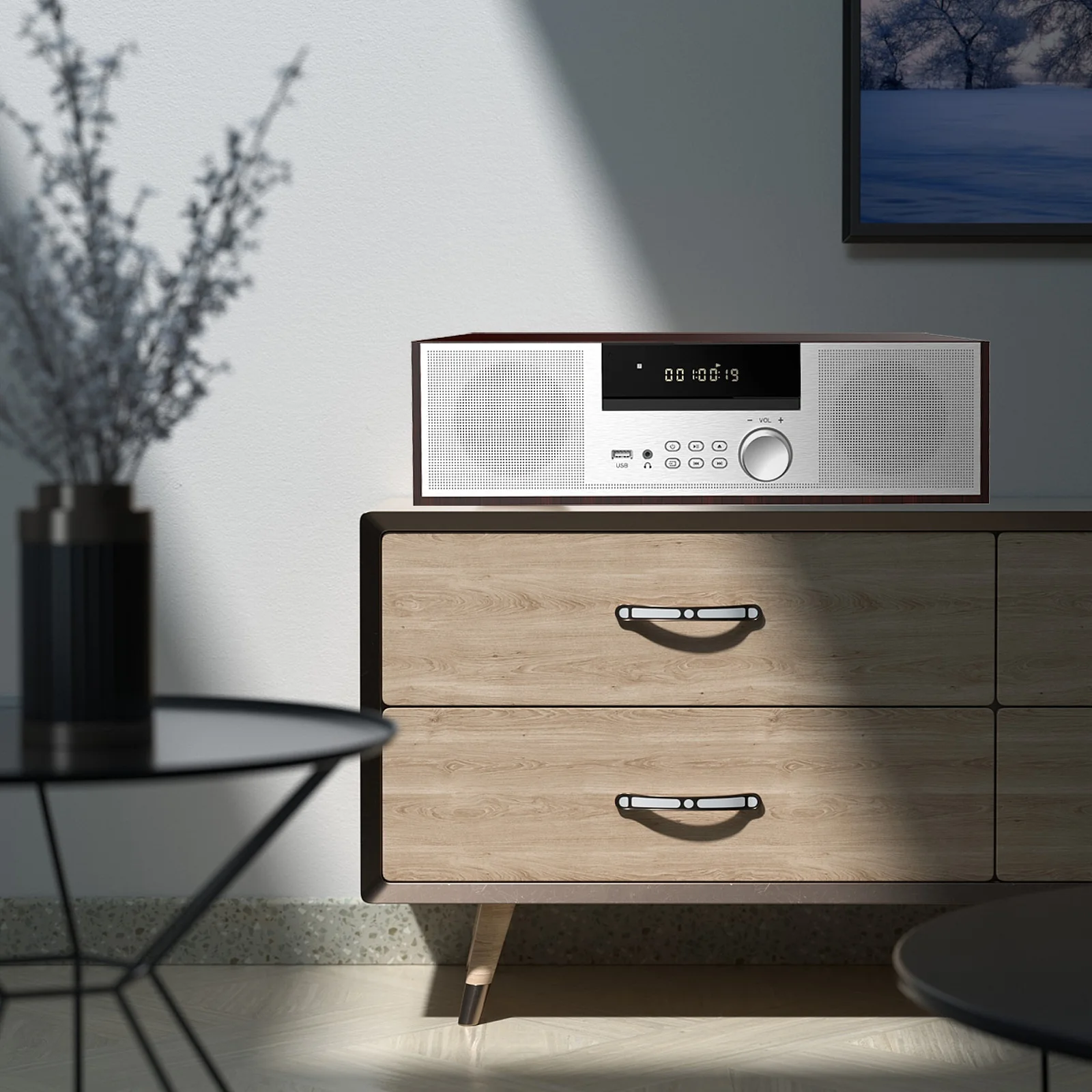 Фото Компактная Hi-Fi система: портативный CD-плеер с FM-радио, беспроводным USB, MP3, AUX-входом, стереодинамиками и пультом дистанционного управления №4