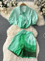 summer new chinese style suits female retro pointed collar short sleeved shirt womens high waist shorts two piece sets casual