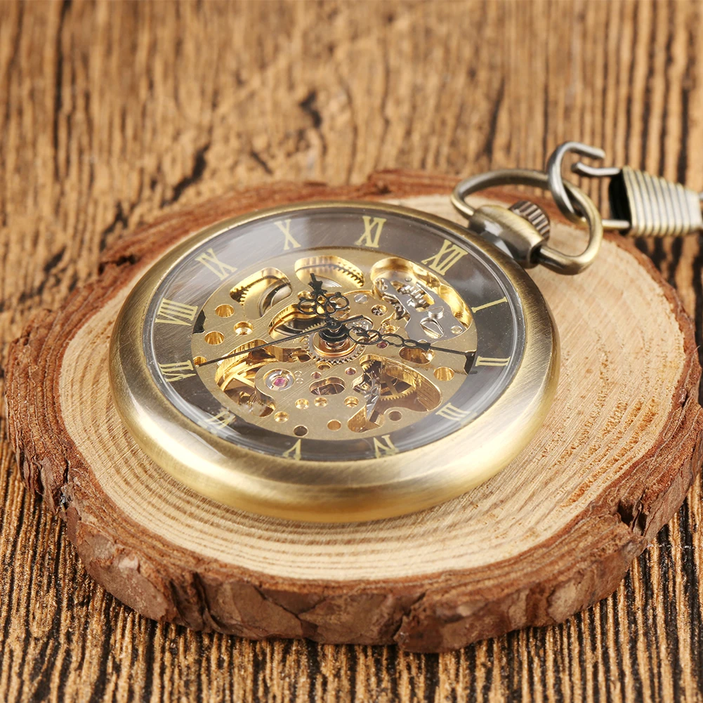 Bronze Open Face Manual Mechanical Pocket Watch Men Roman Numerals Skeleton Vintage Fashion Pendant Hand-Wind Pocket Clock