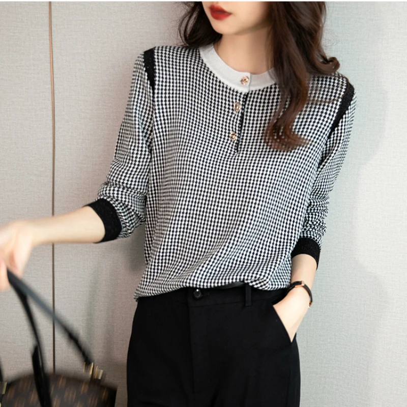 

Check sweater women's autumn new slim fit slim temperament round top fashion foreign style aging bottoms fashion 22h, 724-7