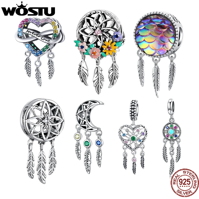 

WOSTU 925 стерлингового серебра Ловец снов амулеты Бусины Подходят оригинальный браслет для женщин Радуга кулон DIY ожерелье подарок