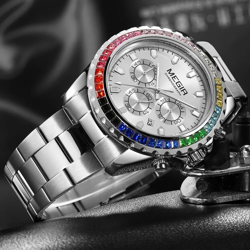 MEGIR роскошные кварцевые часы со стразами и хронографом мужские светящиеся
