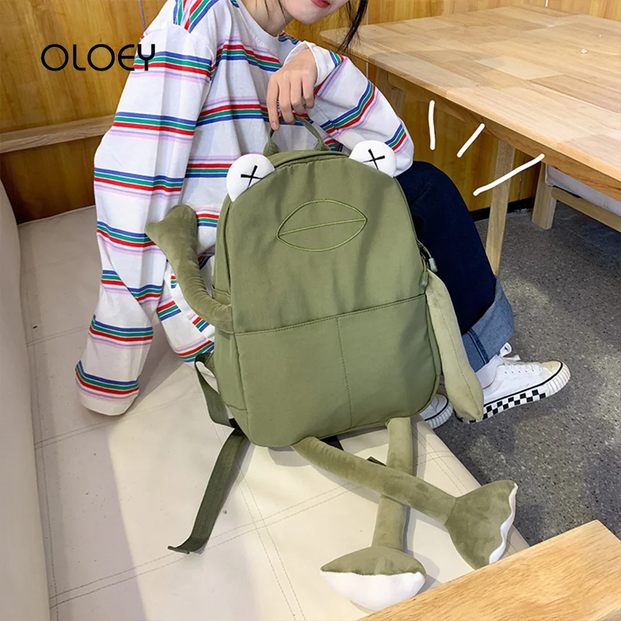 

Mochila Bolsa Cartoon Frog Shape Backpacks Women Canvas Bagpack Green Rucksack Female Shoulder Bag For Teenage Girl School Bag