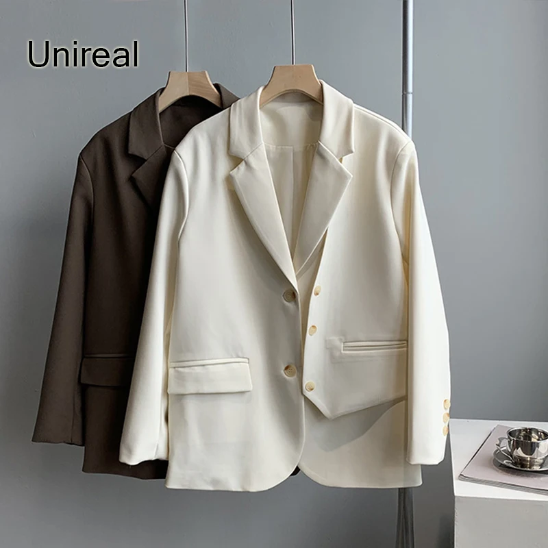 

Женский дизайнерский однобортный пиджак Unireal, однотонный свободный винтажный Повседневный блейзер с карманами, верхняя одежда, осень 2022