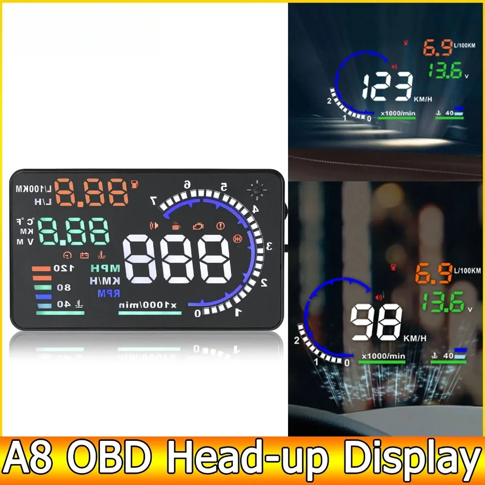 Фото Цифровой автомобильный проектор AD OBD HUD A8, проекционный дисплей на лобовое стекло, LED-спидометр, измеритель температуры воды и частоты вращения двигателя. №3