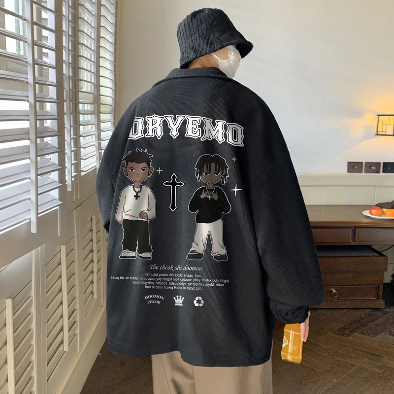 

Autumn Lapel Shirt Jacket Mens Funny Pattern Print on The Back Unisex Jacket Harajuku Zipper Cardigan Street Style Hot Sale Top