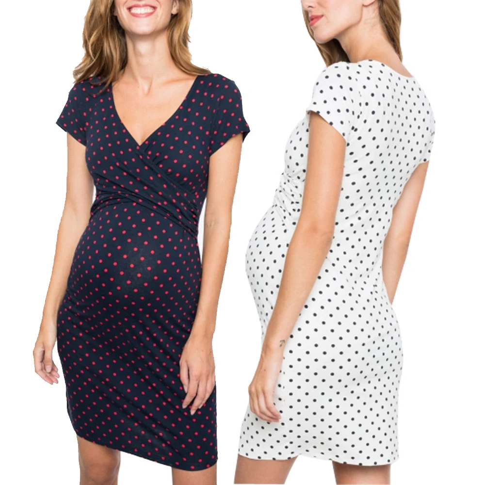 

Fashion New Maternity Dress for Pregnant Women Nursing Clothes All Over Dots Print Big V-neck Short Sleeve Dress Maternity Gown