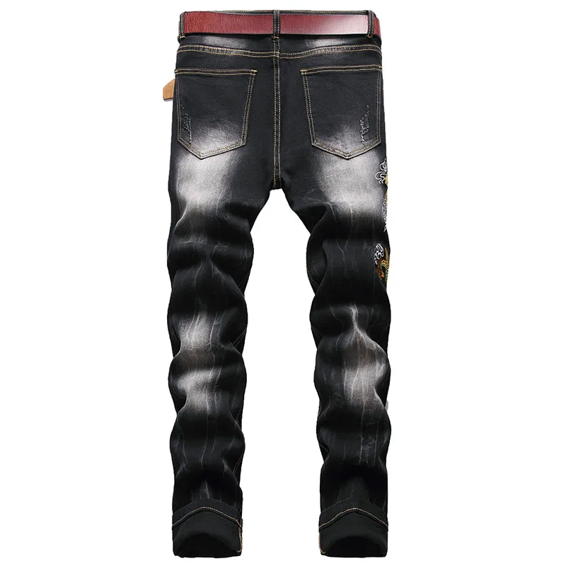 Fashion Embroidery Black Jeans For Men Skinny Zipper Denim Pants Straight Destroyed Ripped Jeans High Quality Casual jeans