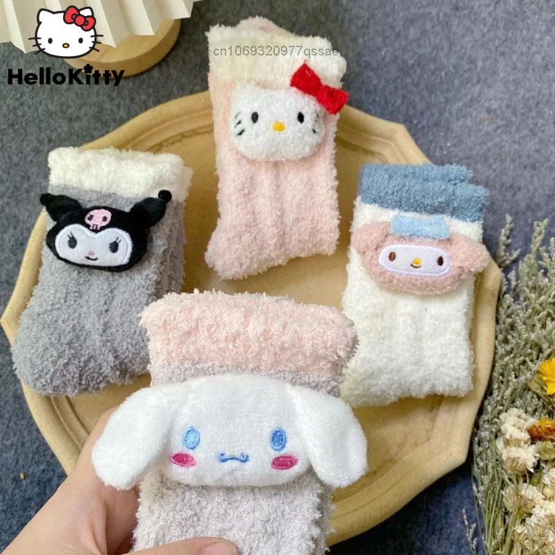 Sanrio Hello Kitty Kuromi Kawaii Plush Warm Socks Lolita Cute Fleece Socks Korean Coral Velvet Cartoon Sleep Socks For Women