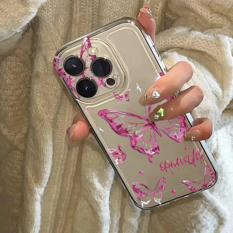 Фото Прозрачный противоударный чехол Y2K с блестками и бабочками для iPhone 17 Air, 16E, 16, 15, 14, 11 Pro Max Plus, 13, 12 Mini, 8, 7, X №5