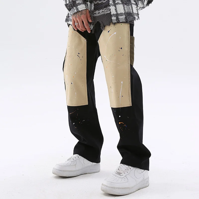 

Retro Color Match Pockets Straight Men's Cargo Pants High Street Ink Jet Streetwear Baggy Overalls Harajuku Casual Trousers