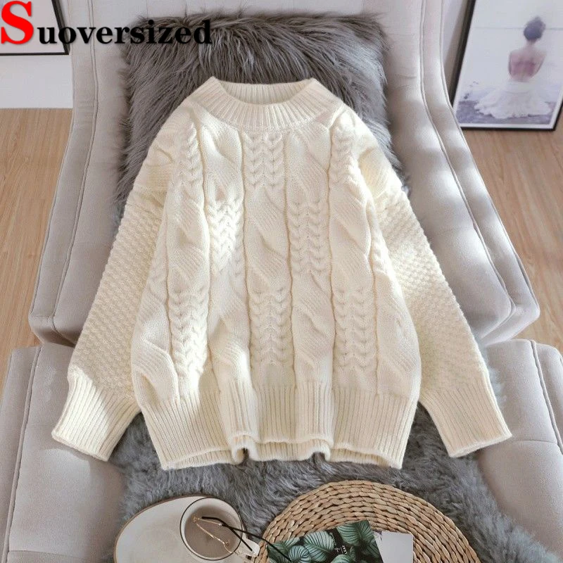 

Thick O Neck Twist Sweater Fall Winter Women's Knitwear Jerseys Korean Casual Loose Pullover Fashion New Long Sleeve Tops