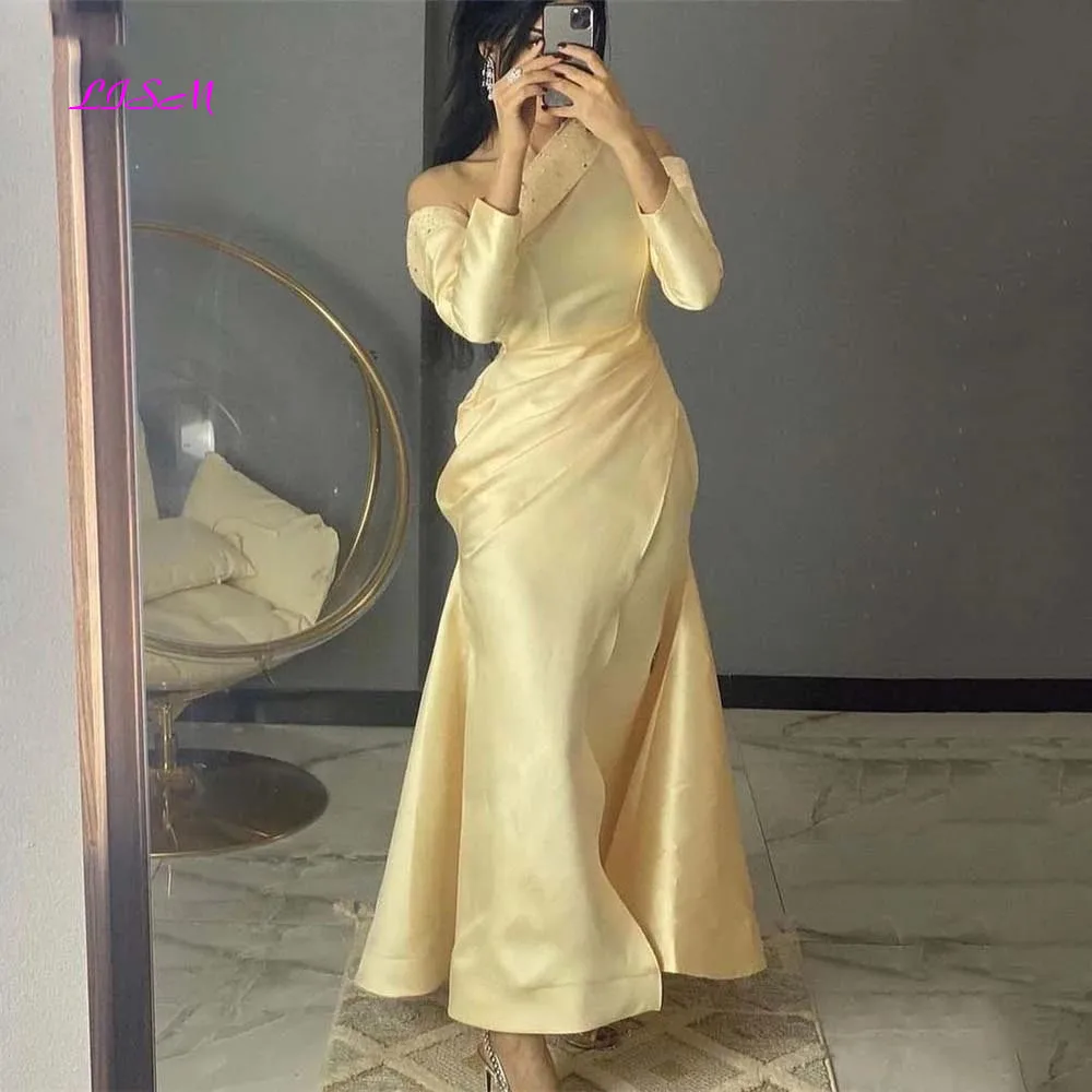 

Yellow Saudi Arabia Evening Gowns Mermaid Satin Long Sleeves Pleats Prom Dresss Women Formal Party Event Dress Bridesmaid