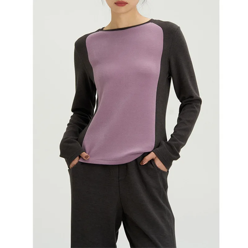 

Футболка женская с длинным рукавом, плюшевый облегающий Топ контрастных цветов в стиле пэчворк, мягкая эластичная теплая с подогревом, на осень