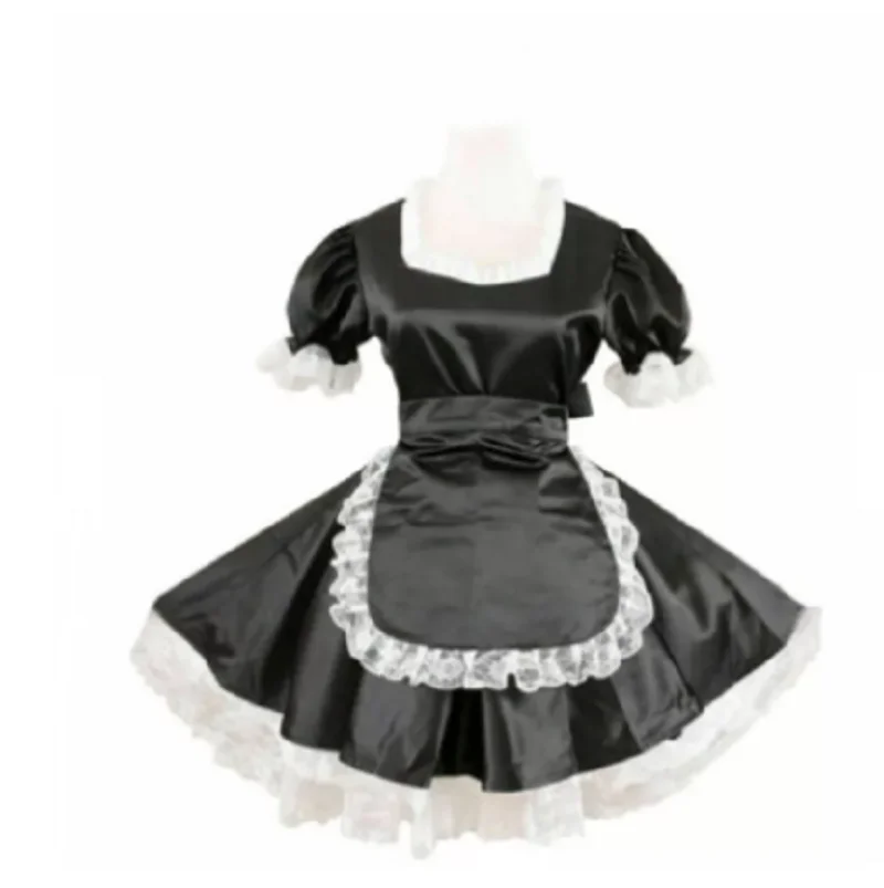 

New Maid Girl Sissy Lockable Black Satin Shoulder Fluffy Pleated Square Neck Independent Apron Role Play Costume Customizable