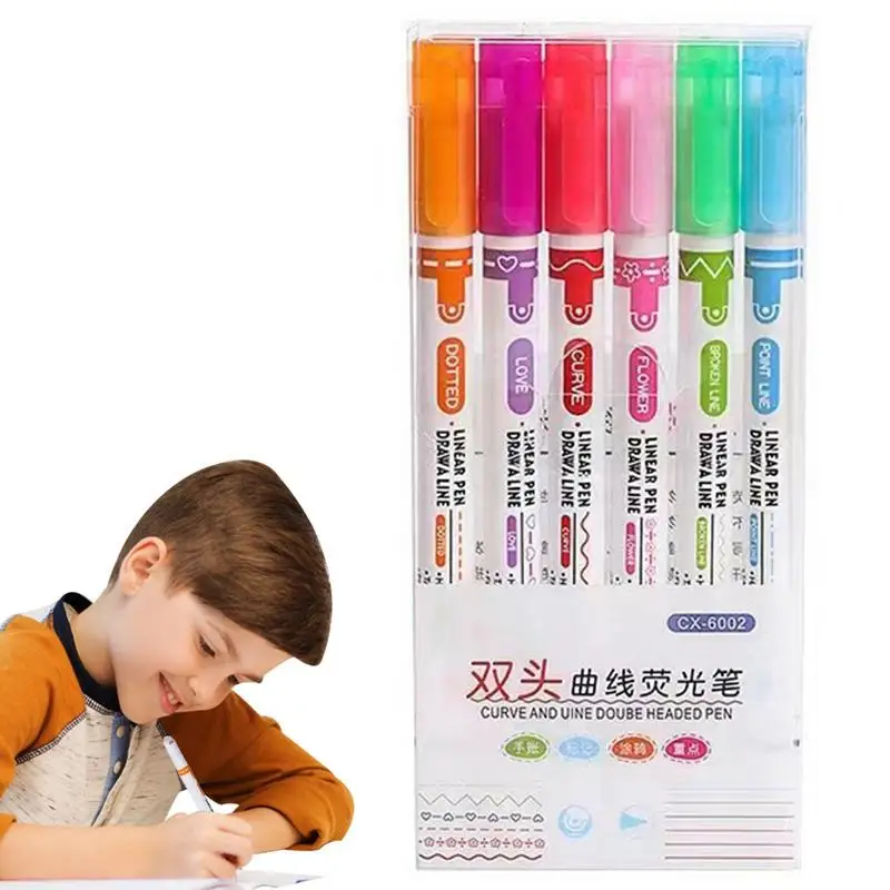 

Colored Highlighter Pens 6Pcs Dual Tip Markers With 6 Different Curve Shapes & 6 Colors Fine Lines Colored Curve Pens