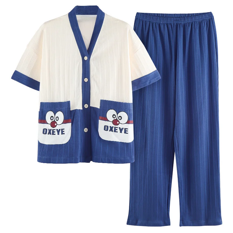 new spring pajamas, women's summer v-neck cardigan, short sleeved trousers, loose, large  thin home clothes can be worn outside