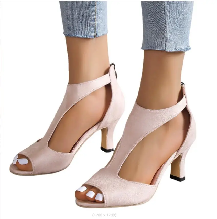 New Fashion Thick Heel Sandals Women's Summer Fish Mouth Women's Shoes Rhinestone High Heels Women's Black Pink Shoes Women