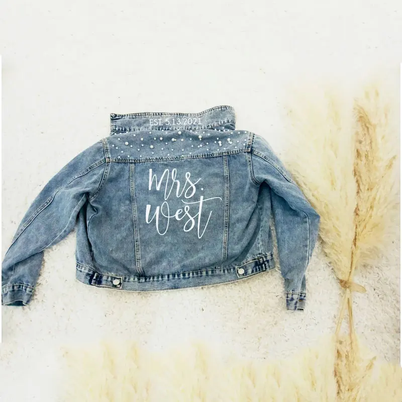 

Pearl Jean Jackets Custom Wedding Bride Coats Future Mrs Name Denim Jackets Personalized Engagement Maid Of Honor Gift Outerwear