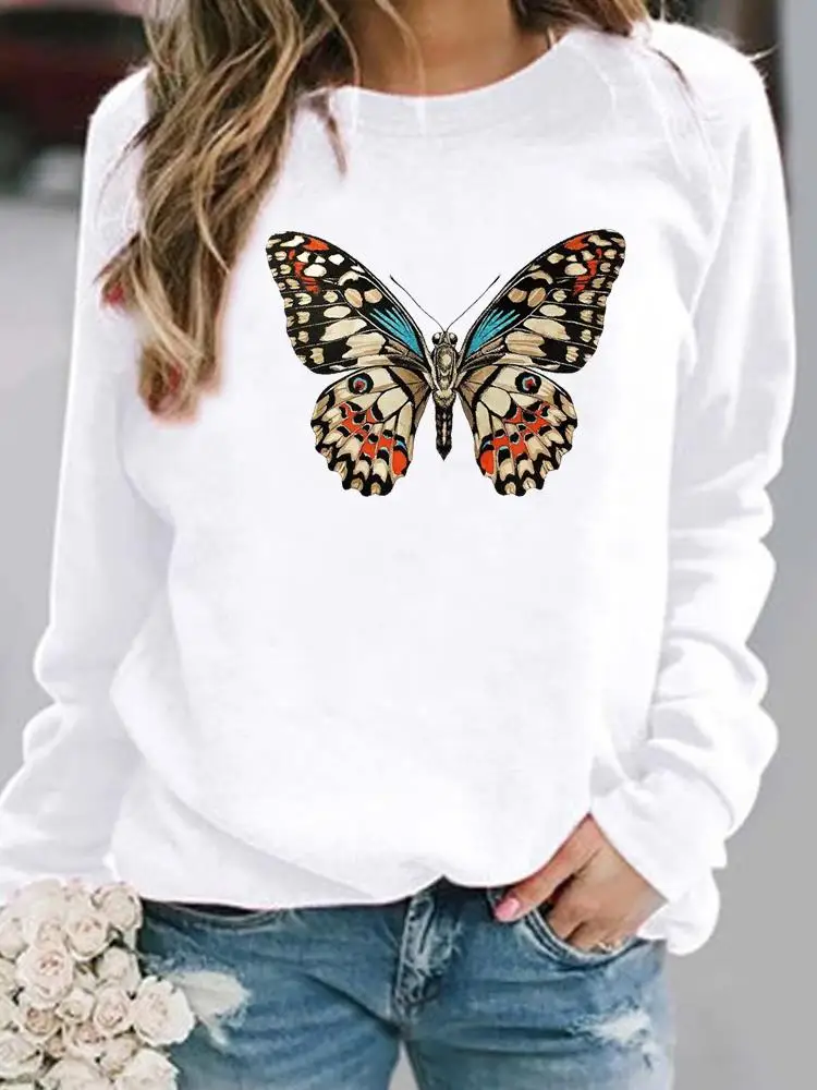 

Женская одежда, женские осенне-весенние пуловеры с милым мультяшным принтом бабочки, женские толстовки, повседневные свитшоты с графически...