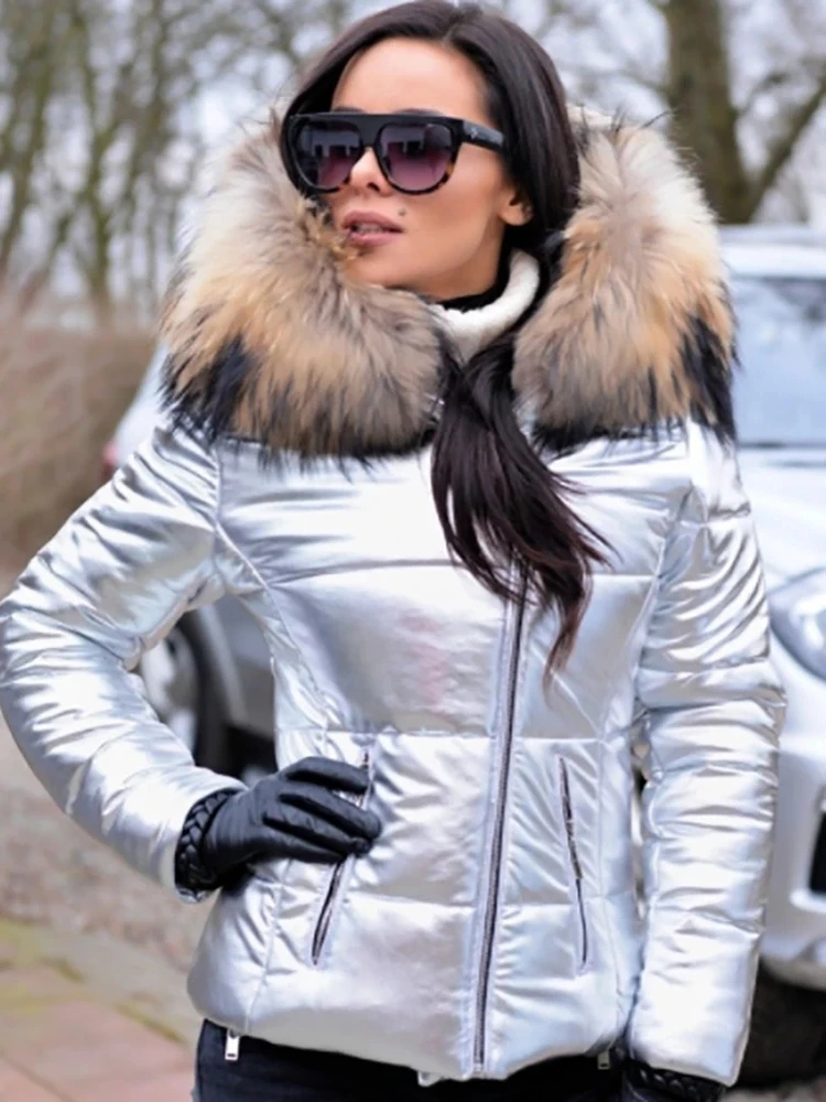 Women's Faux Fur Puffer Parkas Jackets Coat Winter Outerwear Cotton Padded Asymmetric Zip Pu Leather Female Clothes