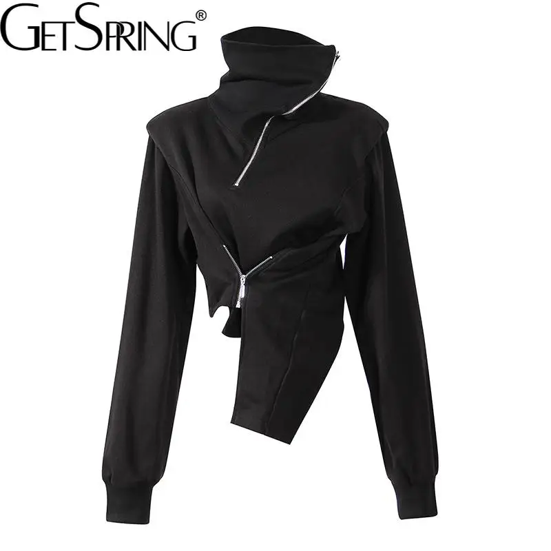 

GetSpring женские толстовки, водолазка, косый молния, необычный свитер, пуловеры, повседневные короткие женские осенние Топы с длинным рукавом, ...