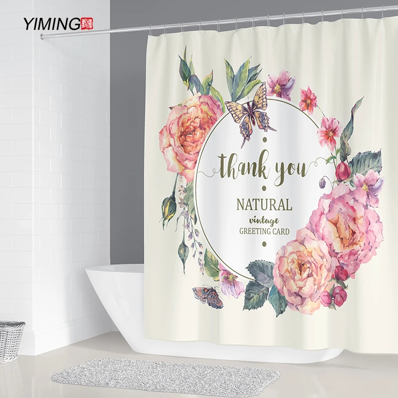 

YIMING Pink Peony Butterfly Print Bathroom Waterproof Shower Curtain Polyester Home Decor Curtains With Hooks Washable 180x180cm