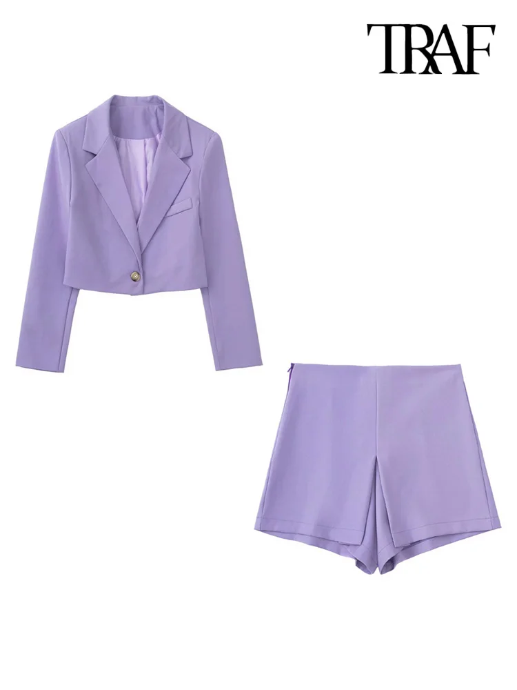 

TRAF Women Fashion Front Buttoned Cropped Blazer Coat And Pleated High Waist Shorts Skirts Female Two Pieces Sets Mujer