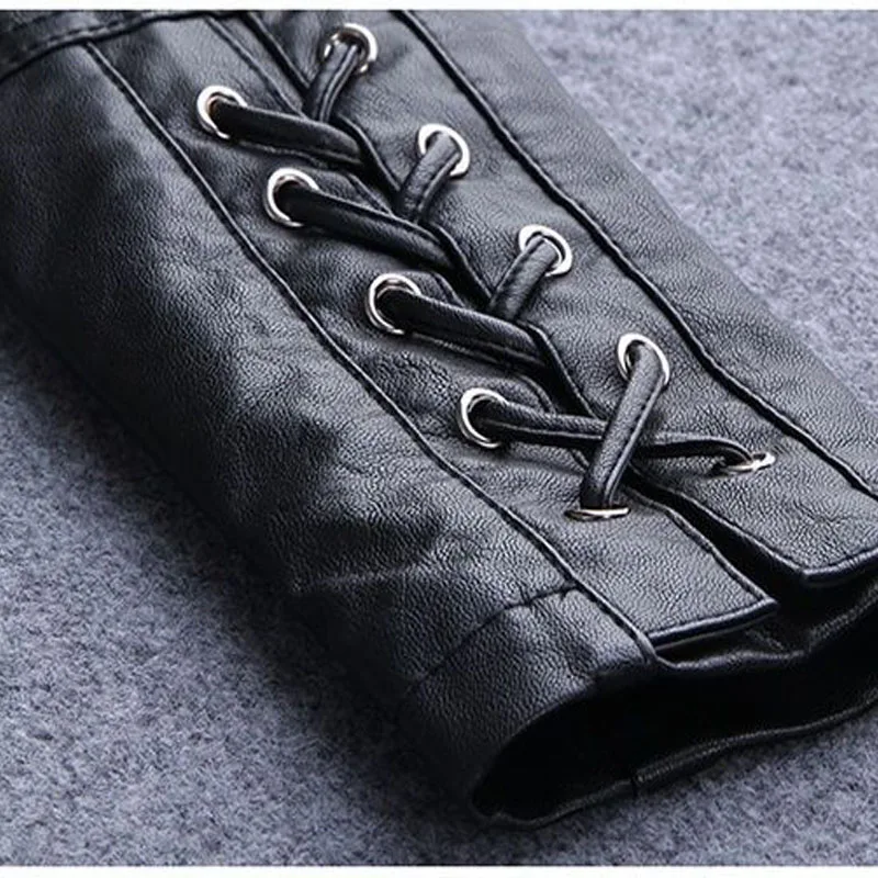 1pcs Women Short PU Leather Jackets Coat 2023 Spring Faux Fur Zipper Splicing Bandage Black Ladies Skinny Locomotive Small Coats