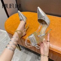 niufuni stiletto high heels fashion pointed toe silver sequin cloth women sandals metal chain lock ankle strap slingback sandals
