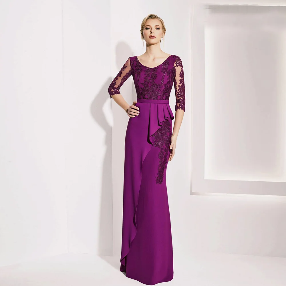 

Purple Elegant Mother of the Bride Dresses O Neck Three Quarter Sleeves Floor Length Evening Dresses with Appliques Illusion